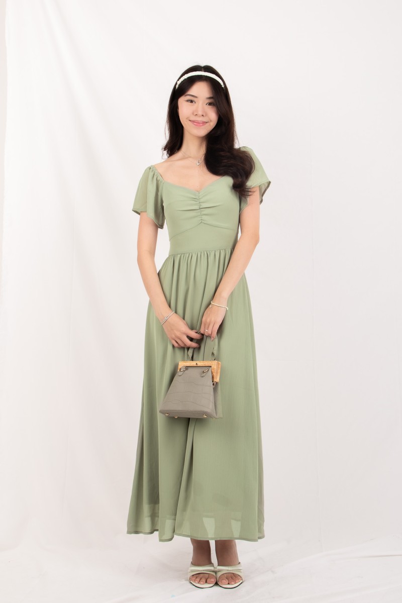 Sorelle Sweetheart Puff-Sleeve Maxi Dress in Sage