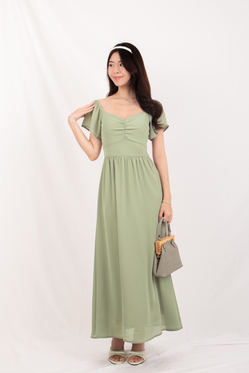 Sorelle Sweetheart Puff-Sleeve Maxi Dress in Sage