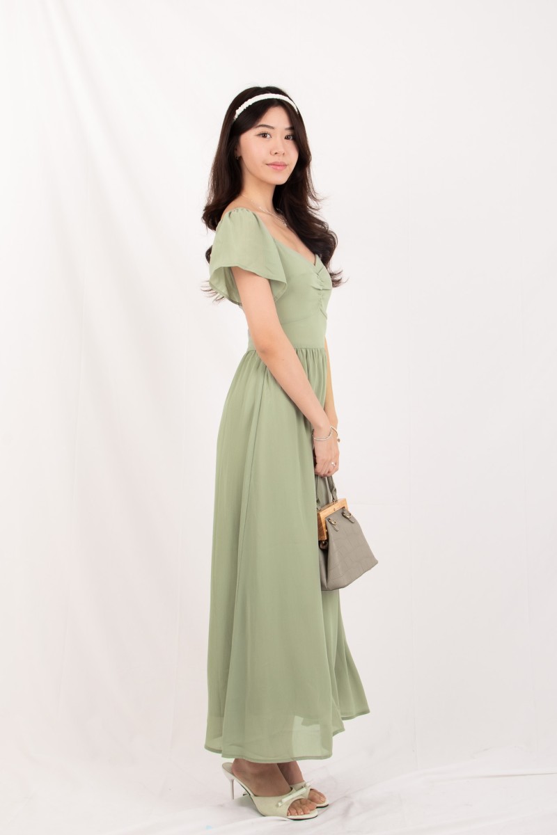 Sorelle Sweetheart Puff-Sleeve Maxi Dress in Sage