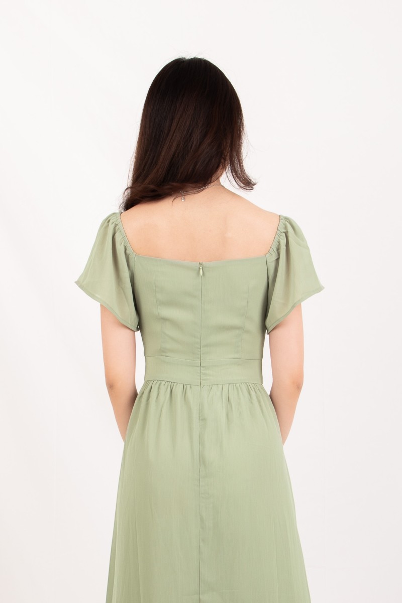 Sorelle Sweetheart Puff-Sleeve Maxi Dress in Sage