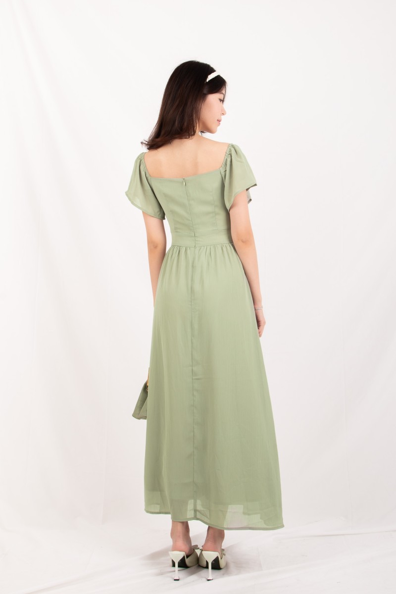 Sorelle Sweetheart Puff-Sleeve Maxi Dress in Sage