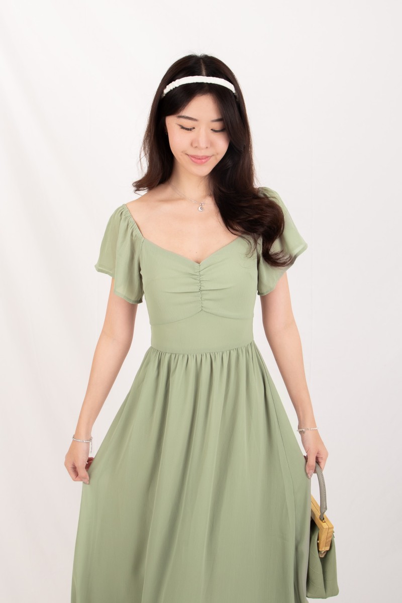 Sorelle Sweetheart Puff-Sleeve Maxi Dress in Sage