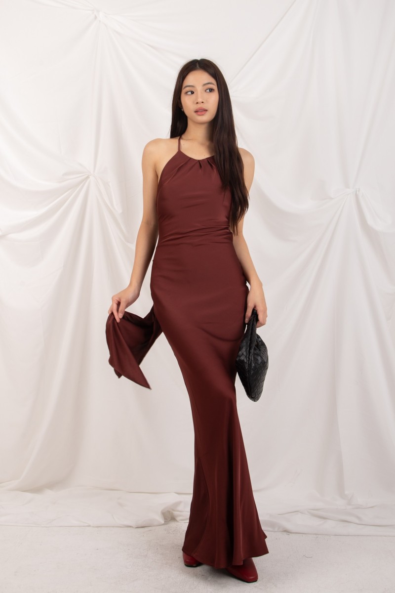 RESTOCK: Marcelline Back-Tie Satin Dress in Wine