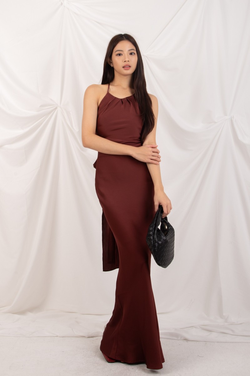 RESTOCK: Marcelline Back-Tie Satin Dress in Wine