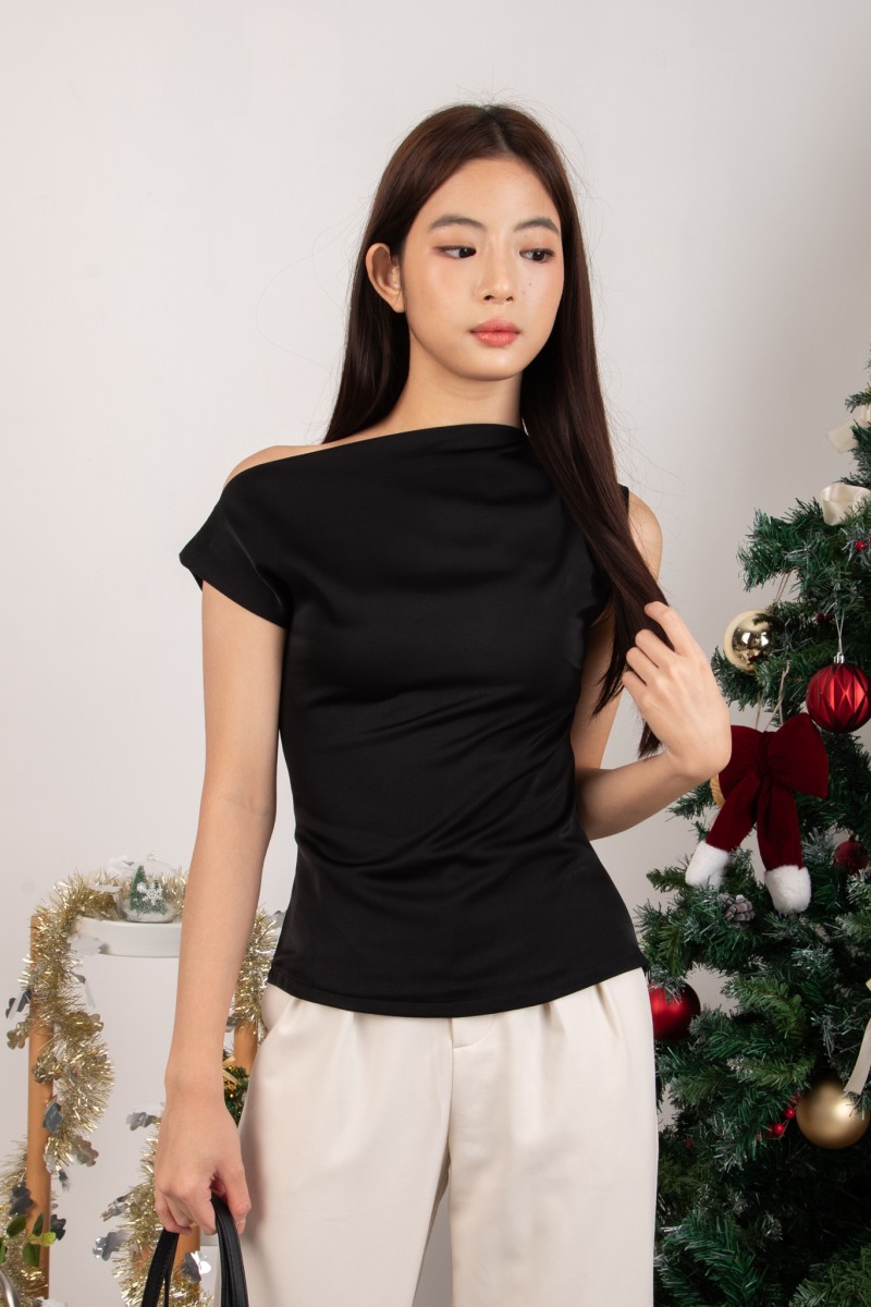 Nala Velvet Asymmetrical Top in Black