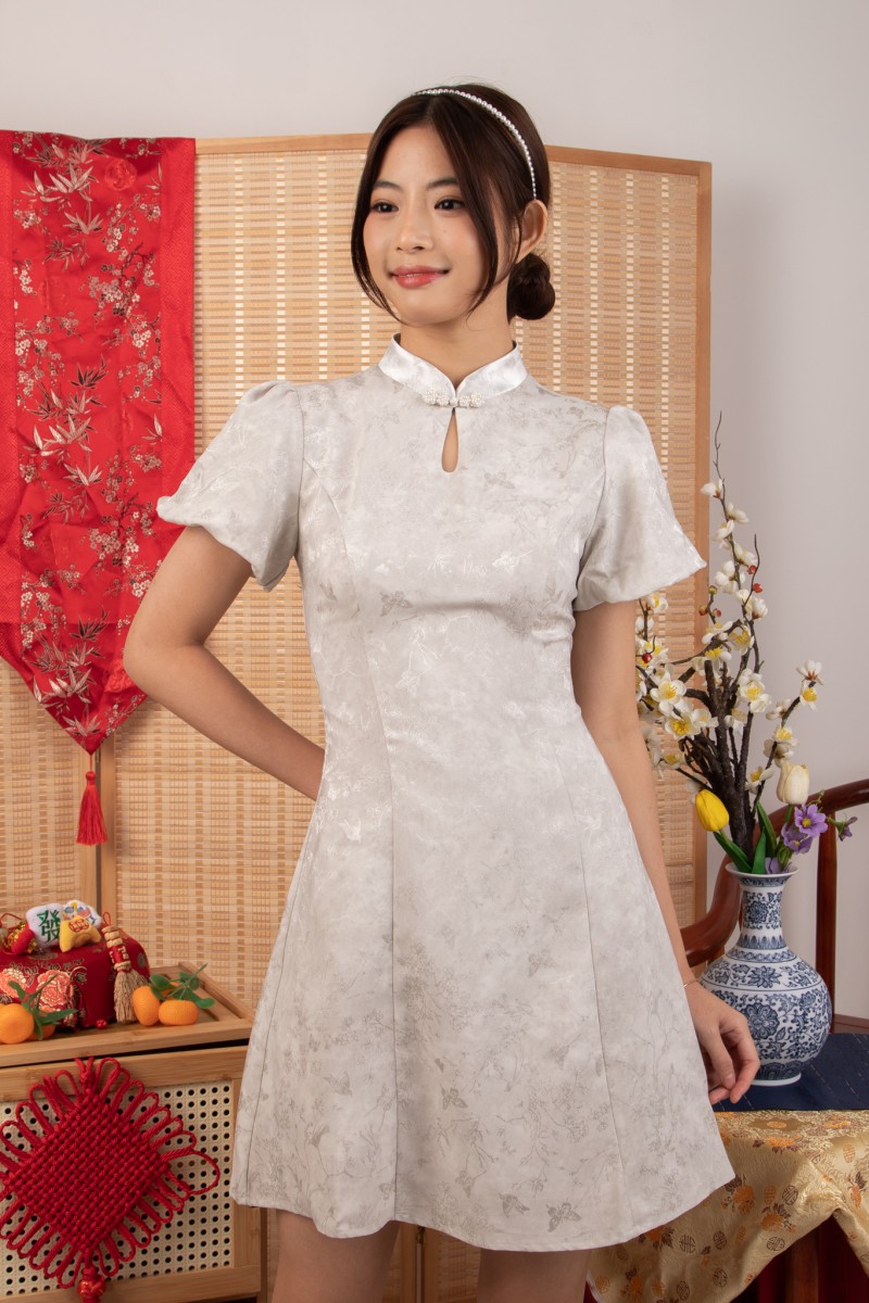 Yun Puff Sleeve Mandarin Dress in Dusty Grey