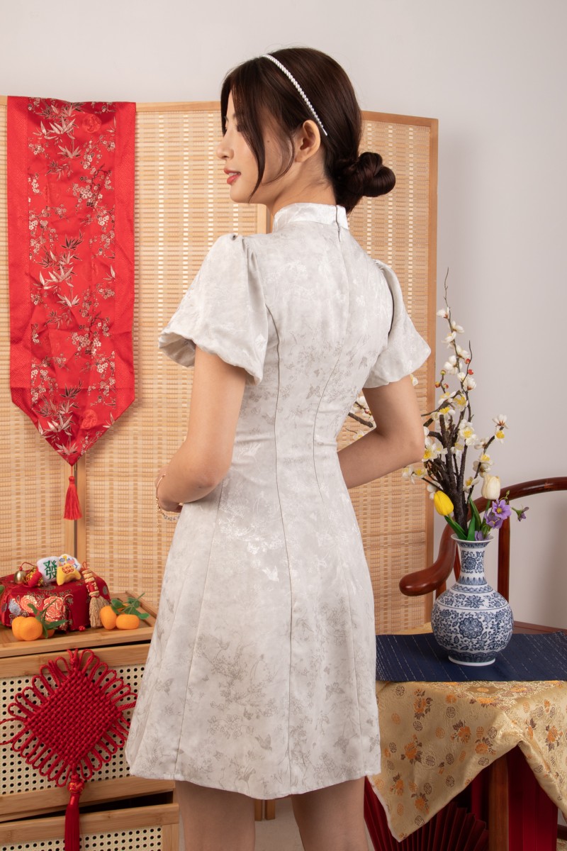 Yun Puff Sleeve Mandarin Dress in Dusty Grey