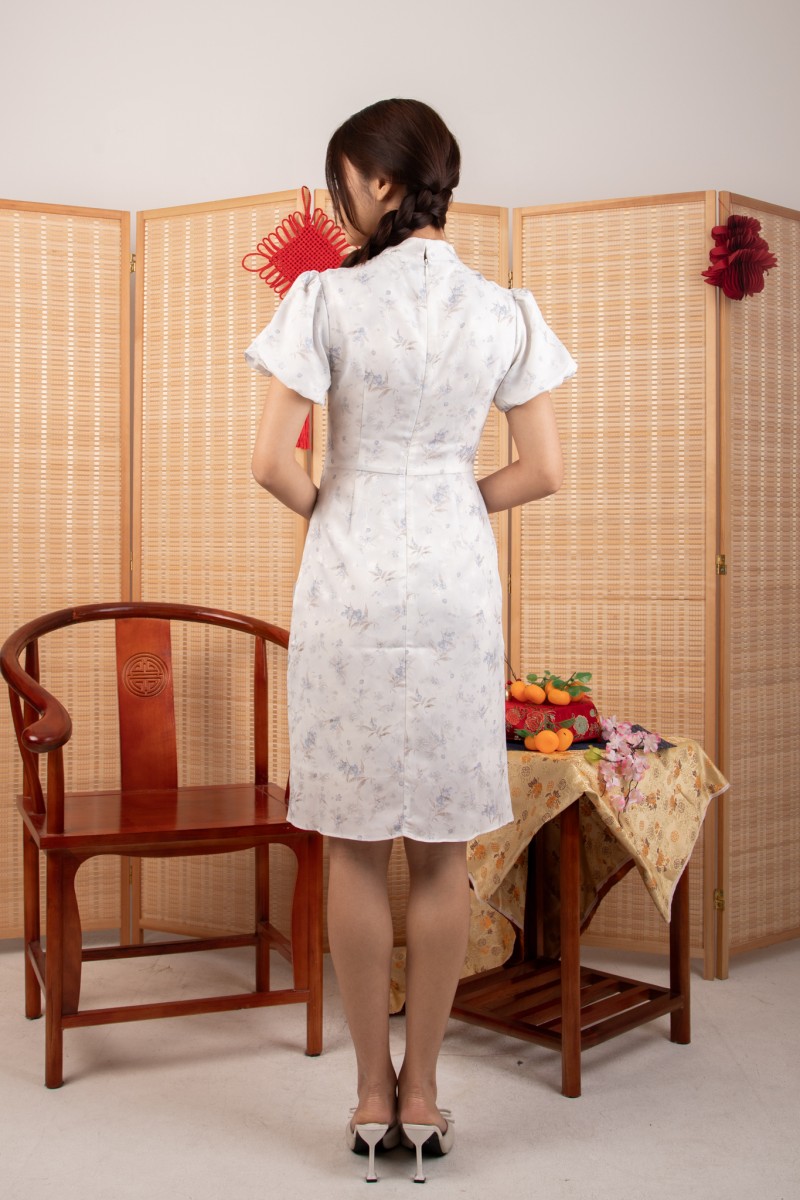 Huang Floral Puff-Sleeve Dress in Blue