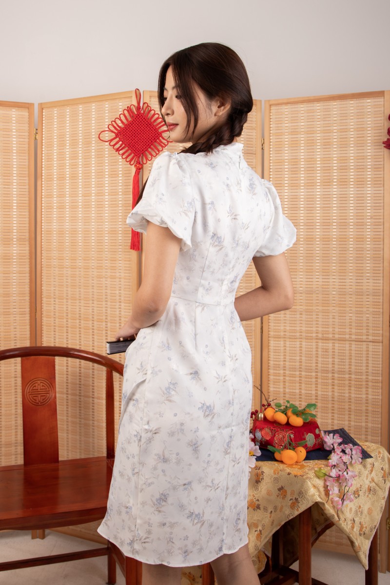 Huang Floral Puff-Sleeve Dress in Blue