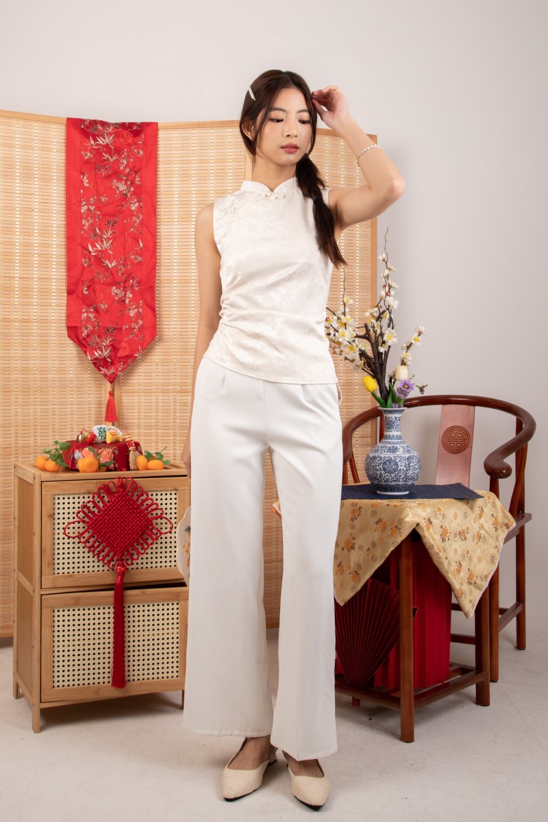 Chen Satin Ruched Mandarin Top in Ivory