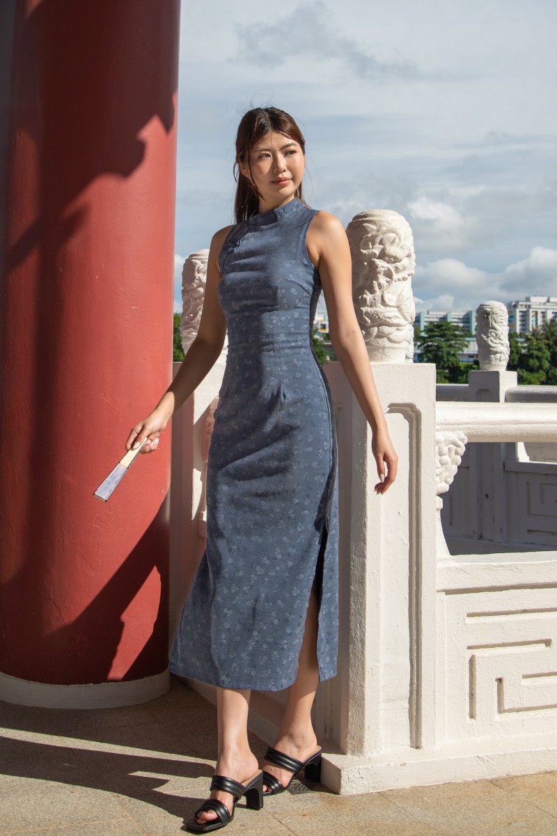 Pre-Sale: He Qi Denim Midi Dress in Dark Wash