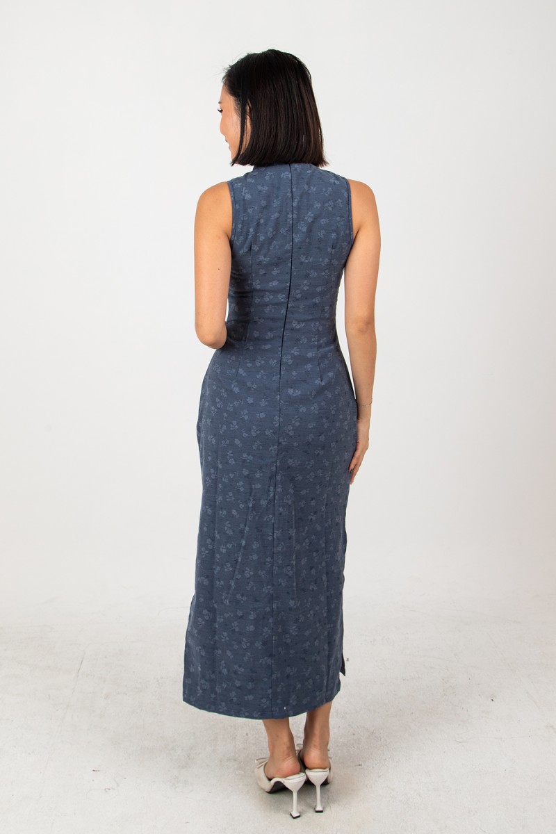 He Qi Denim Midi Dress in Dark Wash