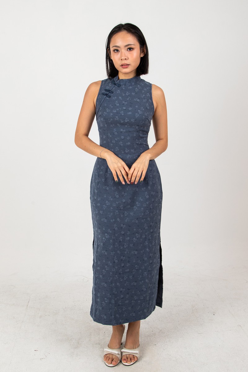 He Qi Denim Midi Dress in Dark Wash