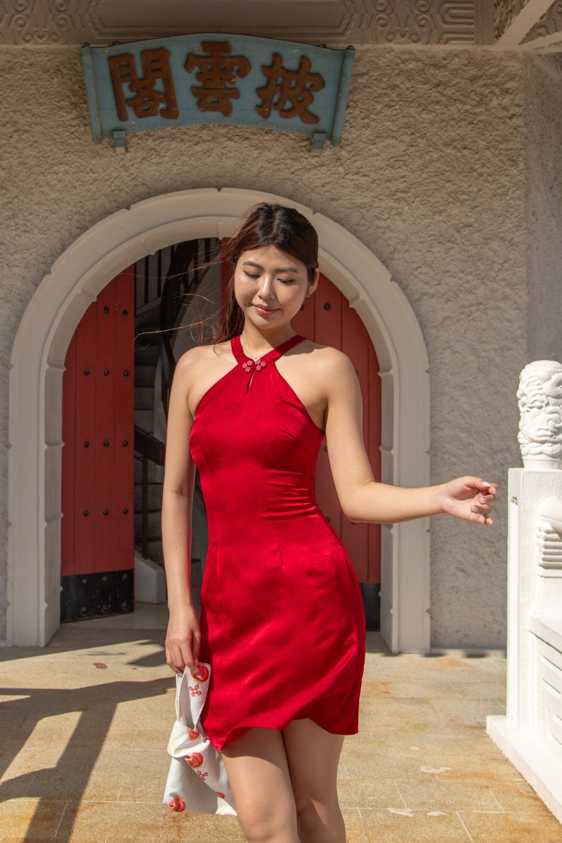 Eastern Halter A-Line Dress in Red