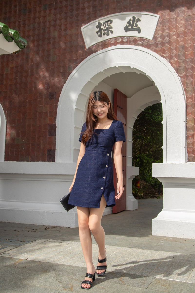 Elvie Tweed Button Dress in Navy