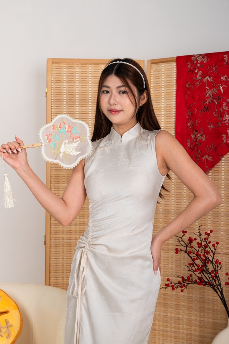 Ruo Ruched Maxi Cheongsam Dress in Ivory