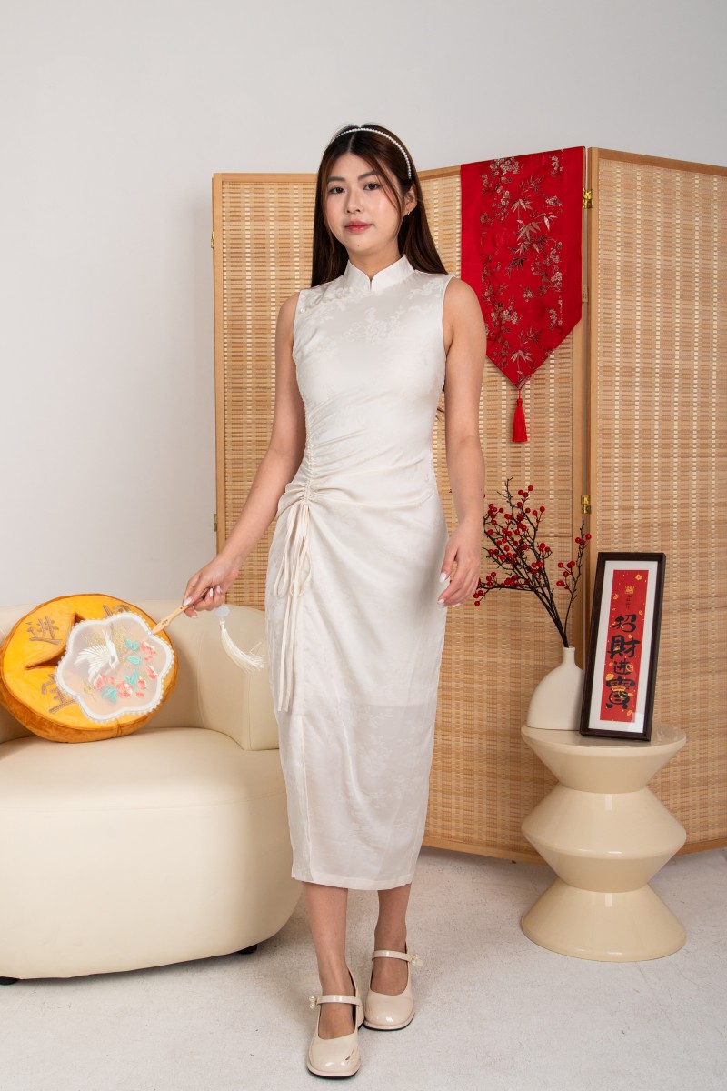 Ruo Ruched Maxi Cheongsam Dress in Ivory