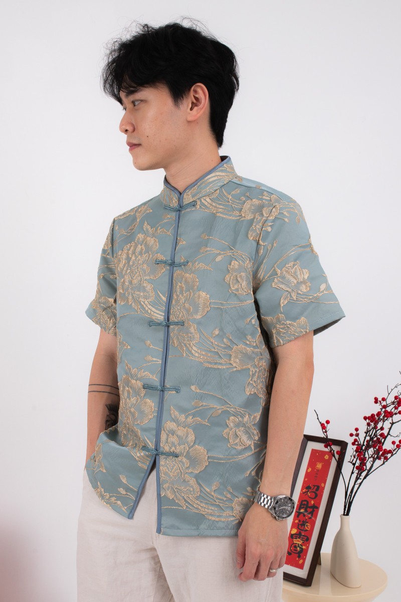Leon Mens Brocade Shirt in Jade