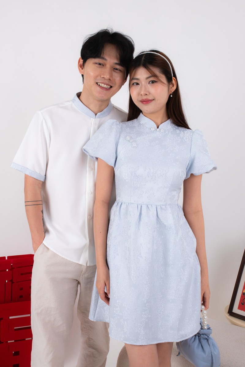 Lineage Puff-Sleeved Cheongsam Dress in Blue