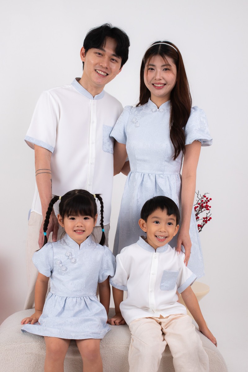 Lineage Puff-Sleeved Cheongsam Dress in Blue