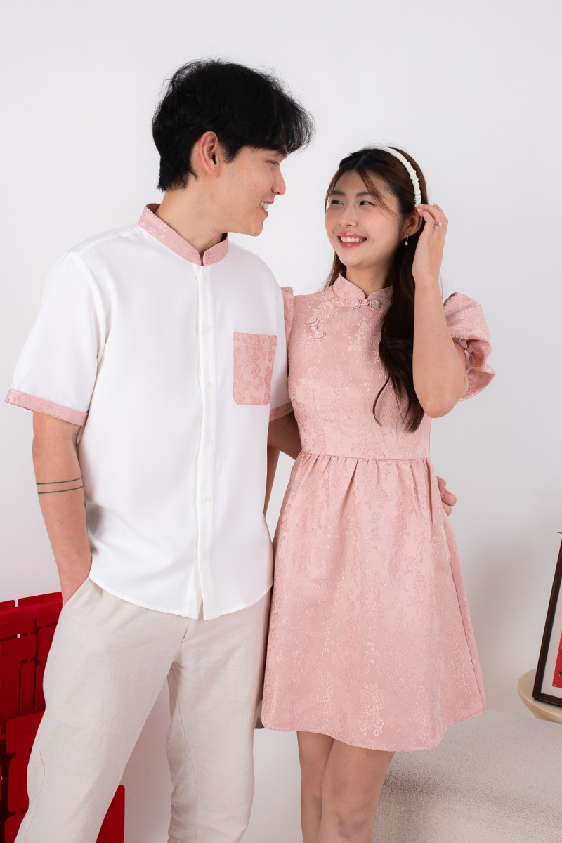 Lineage Puff-Sleeved Cheongsam Dress in Pink