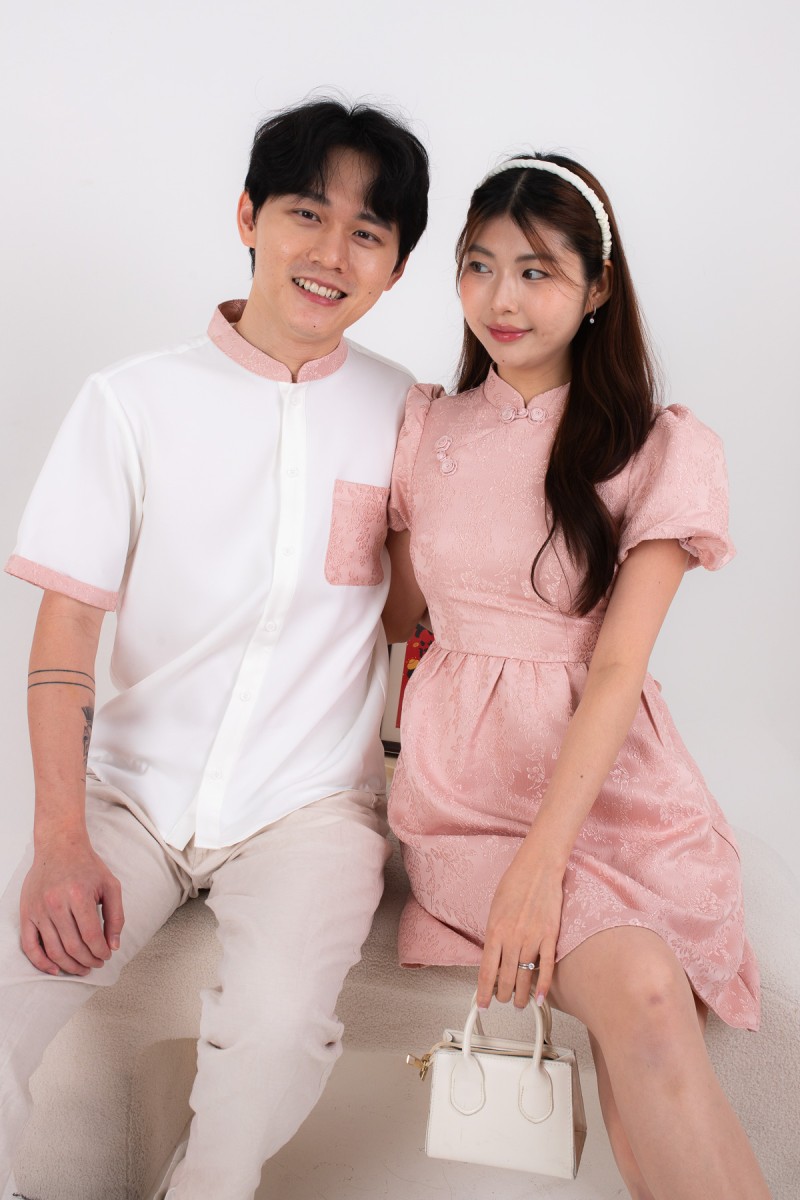 Lineage Puff-Sleeved Cheongsam Dress in Pink