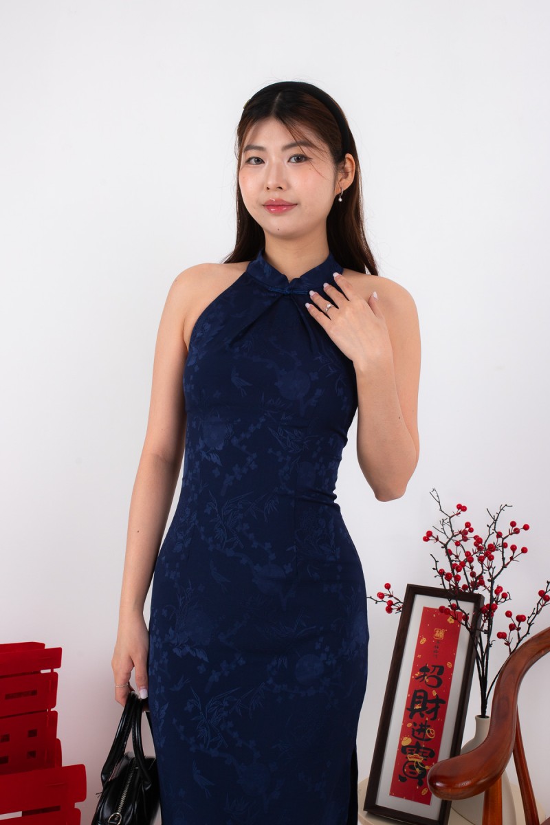 Miranda Cheongsam Maxi Dress in Navy