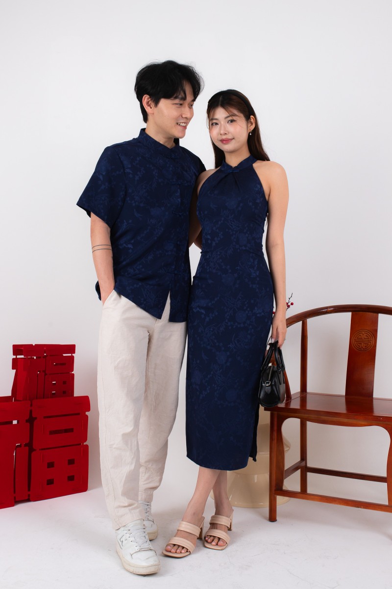 Miranda Cheongsam Maxi Dress in Navy