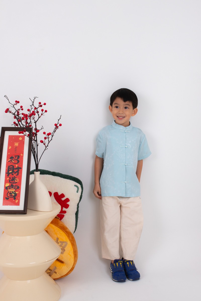 Evan Junior Boy Mandarin Shirt in Tiffany Blue