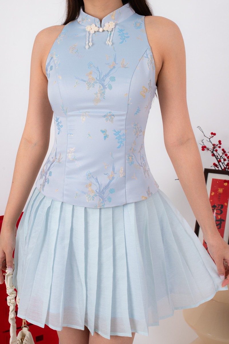 Abundance Pleated Cheongsam Mini Dress in Blue