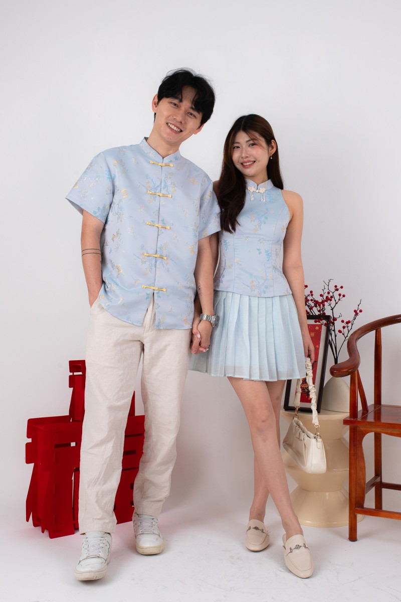 Abundance Pleated Cheongsam Mini Dress in Blue