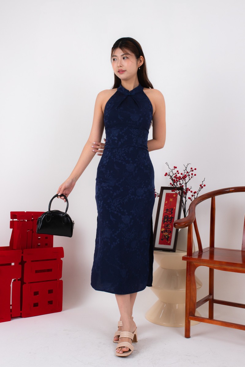 BACKORDERS: Miranda Cheongsam Maxi Dress in Navy