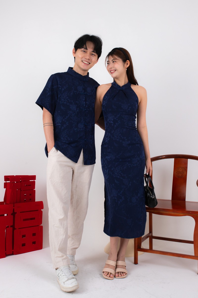 BACKORDERS: Miranda Cheongsam Maxi Dress in Navy