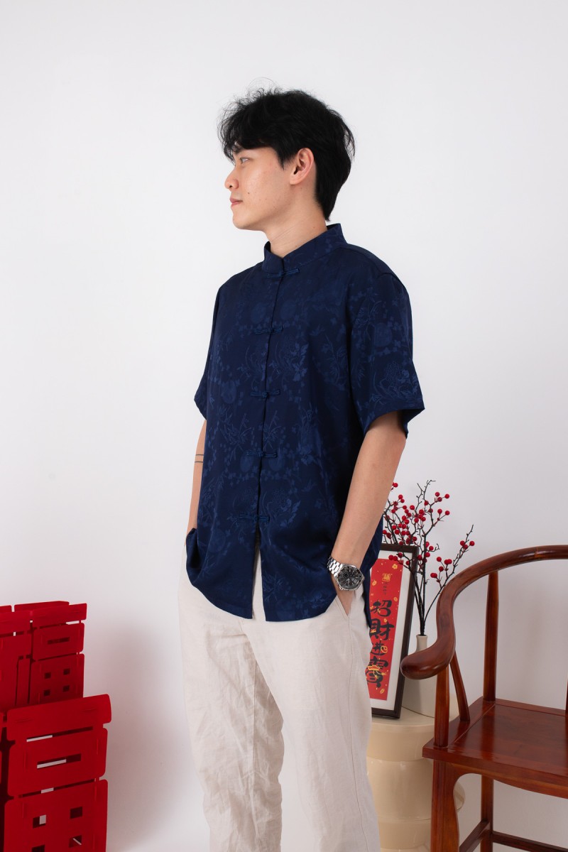 BACKORDERS: Evan Mens Mandarin Shirt in Navy