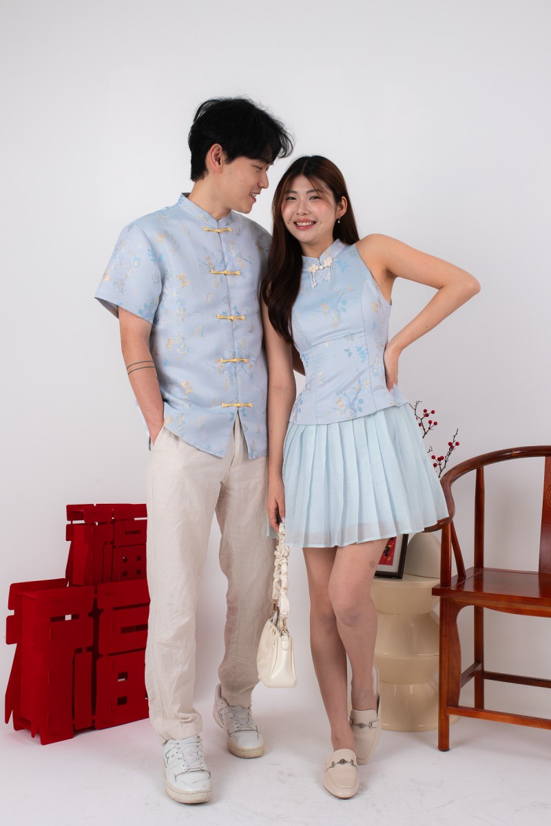 PRE-SALE: Abundance Pleated Cheongsam Mini Dress in Blue