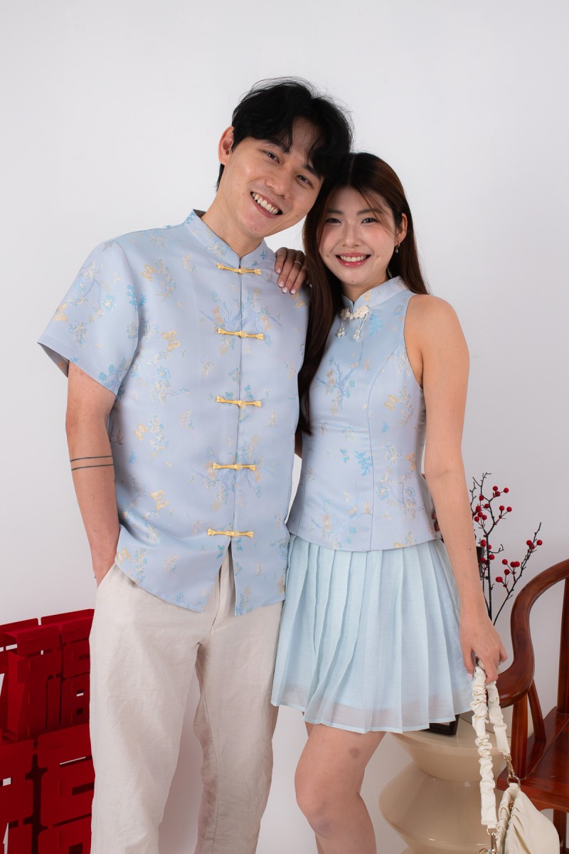 PRE-SALE: Abundance Pleated Cheongsam Mini Dress in Blue