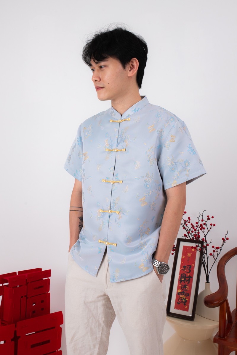 PRE-SALE: Abundance Mens Mandarin Collared Shirt in Blue