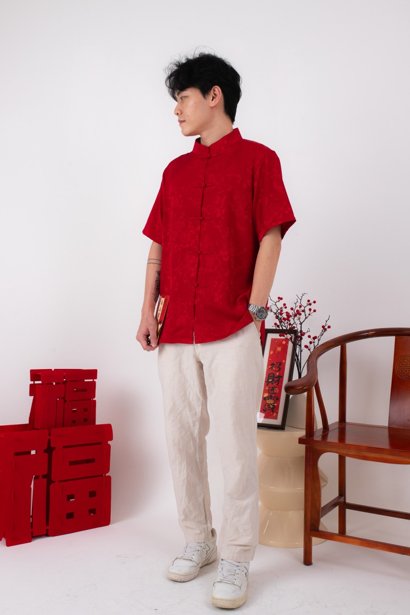 BACKORDERS: Evan Mens Mandarin Shirt in Red