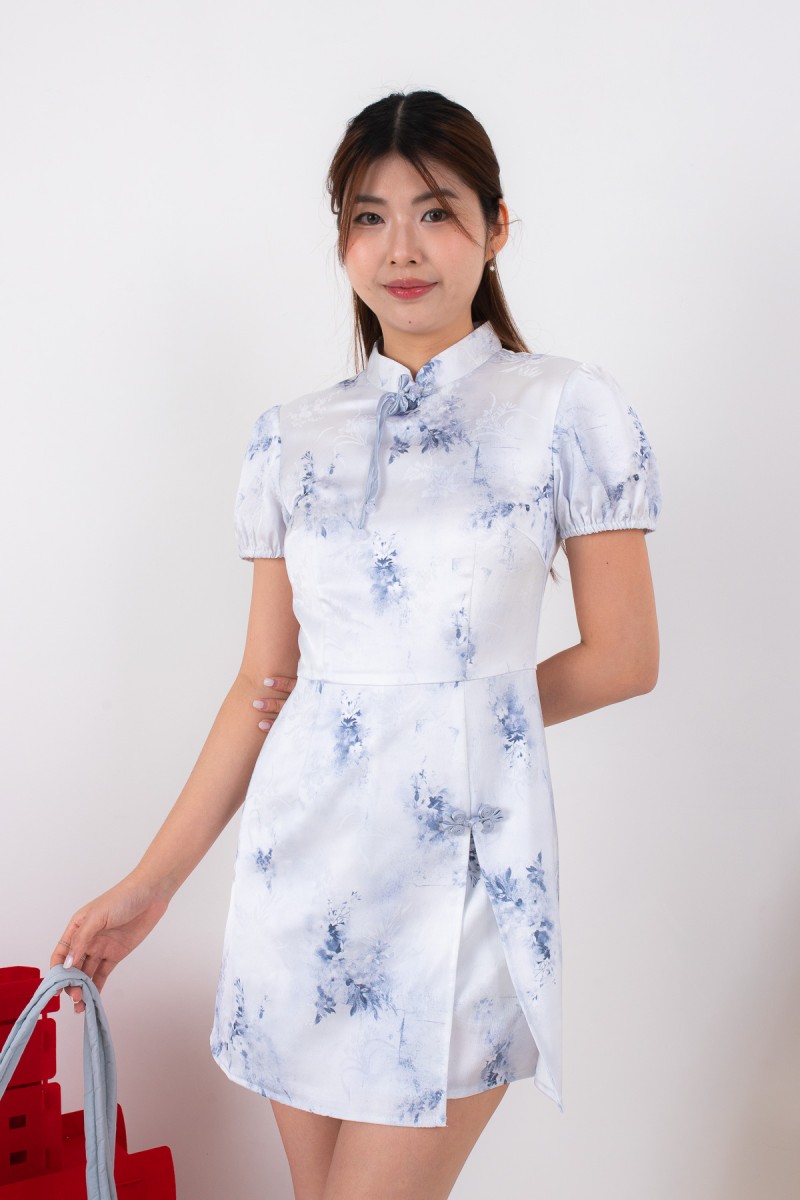 Aura Puff Sleeve Romper Dress in Blue