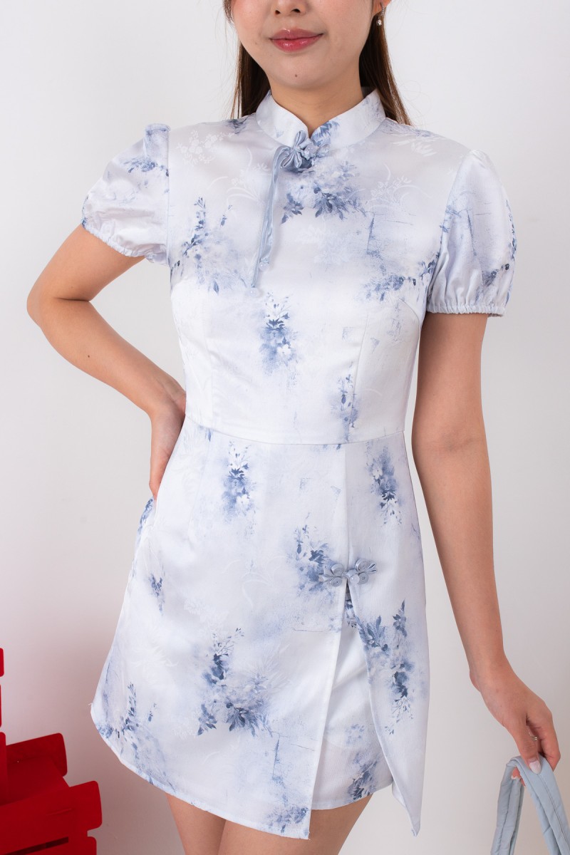 Aura Puff Sleeve Romper Dress in Blue