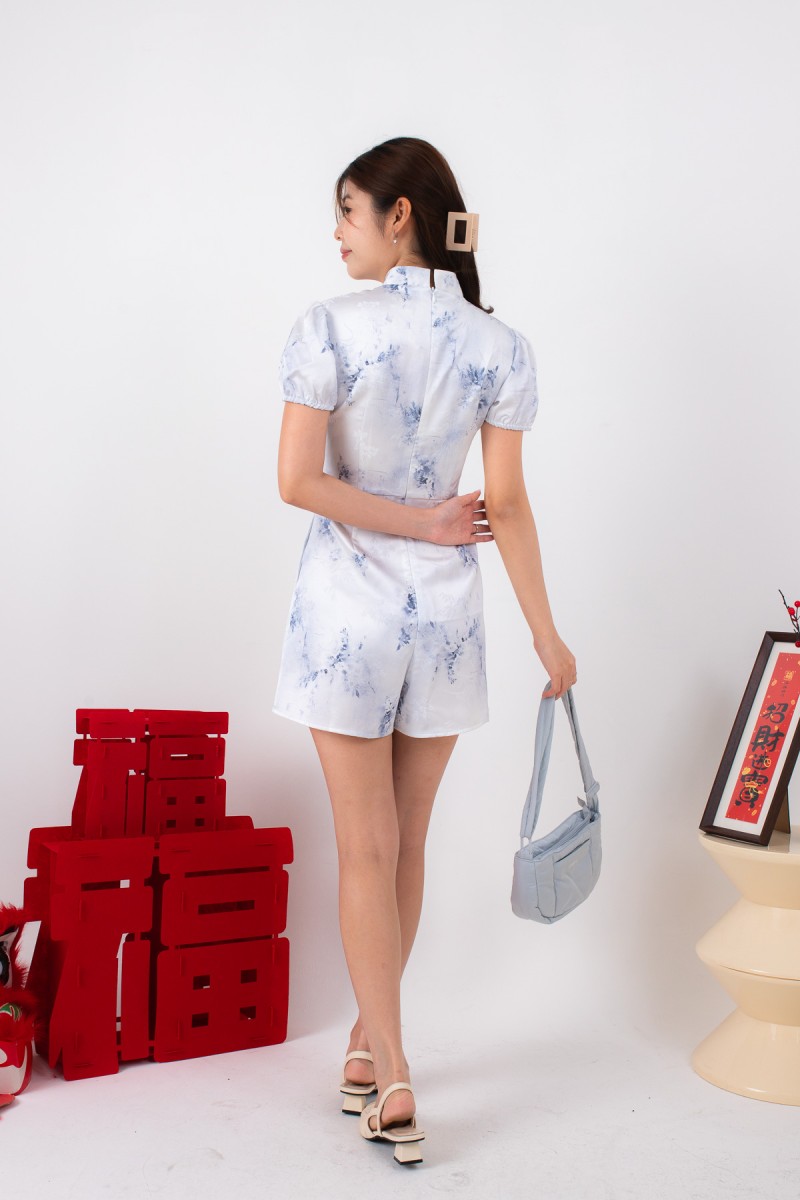 Aura Puff Sleeve Romper Dress in Blue