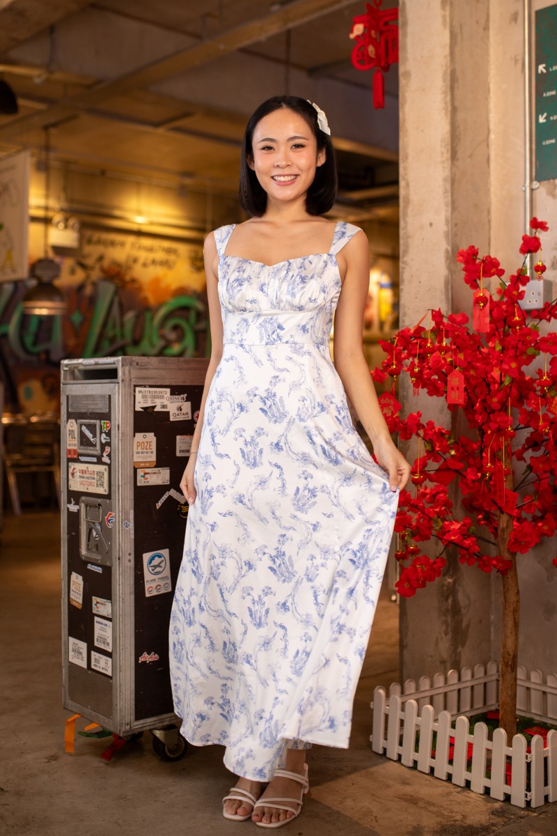 Emelie Floral Square-Neck Maxi Dress in Blue