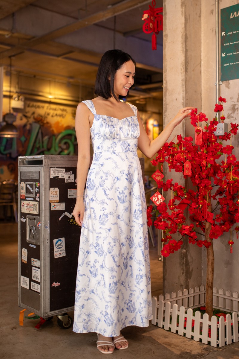 Emelie Floral Square-Neck Maxi Dress in Blue