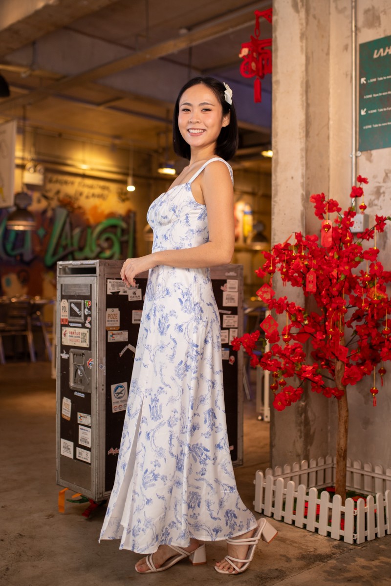 Emelie Floral Square-Neck Maxi Dress in Blue