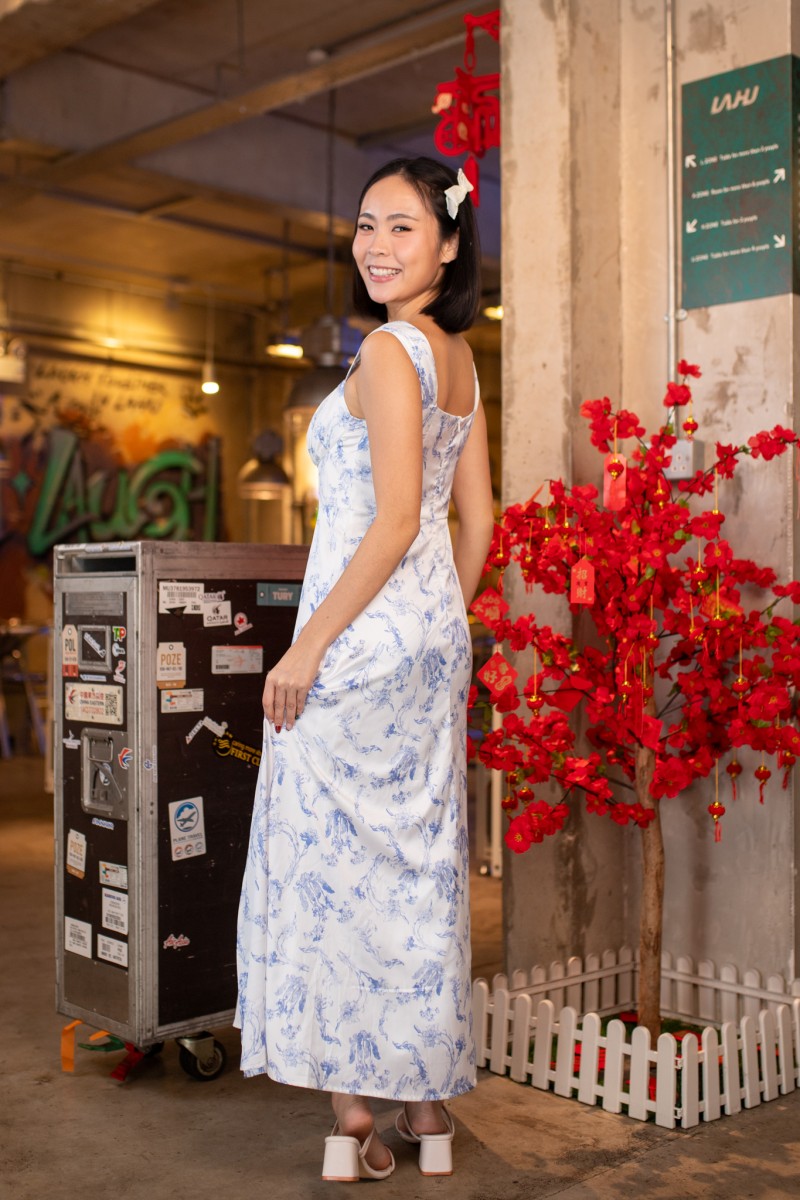 Emelie Floral Square-Neck Maxi Dress in Blue
