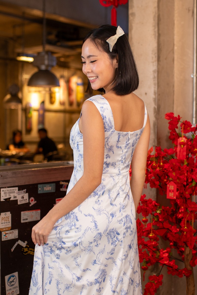 Emelie Floral Square-Neck Maxi Dress in Blue