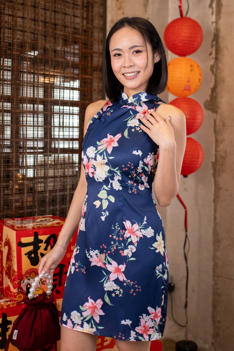 Petalia Floral Qipao Dress in Navy
