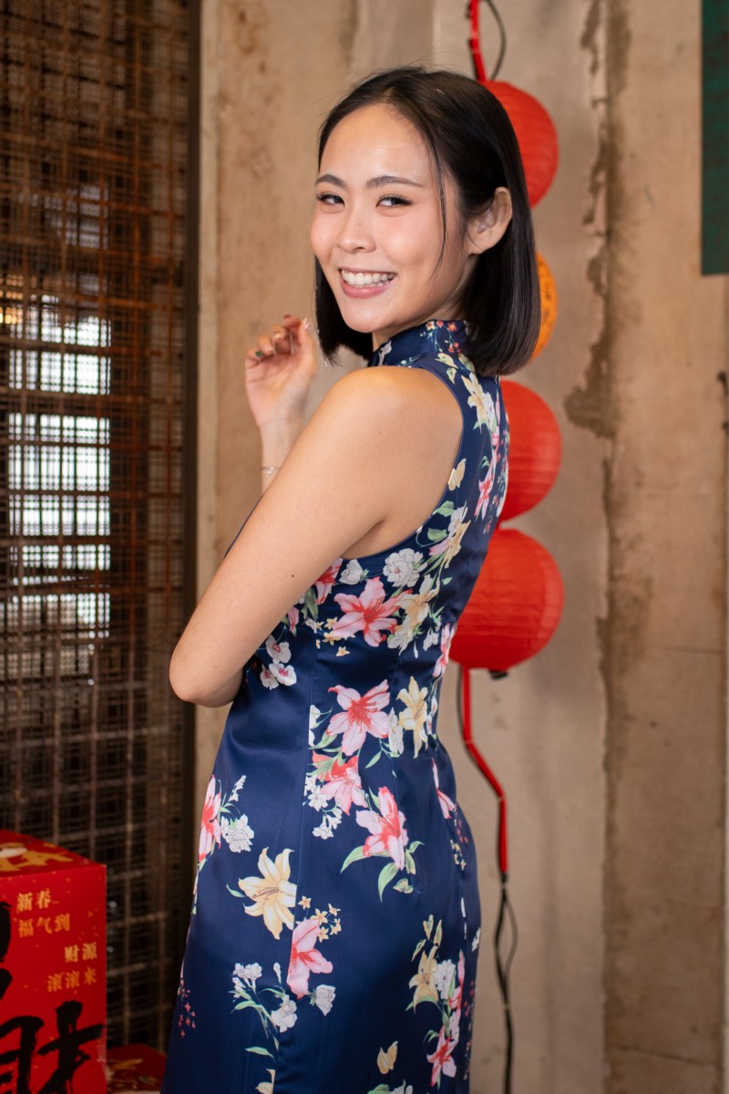 Petalia Floral Qipao Dress in Navy