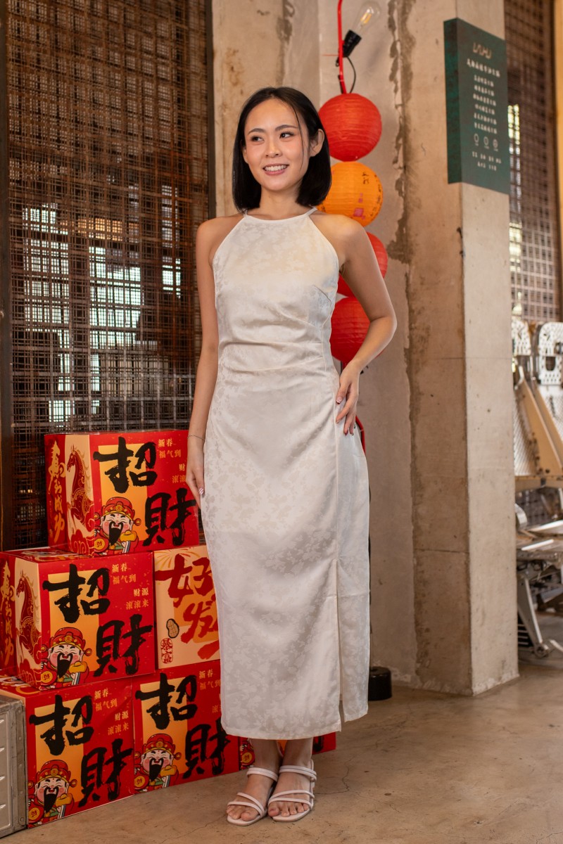 Liang Halter Ruched Maxi Dress in Ivory