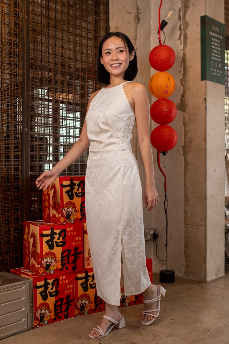 Liang Halter Ruched Maxi Dress in Ivory